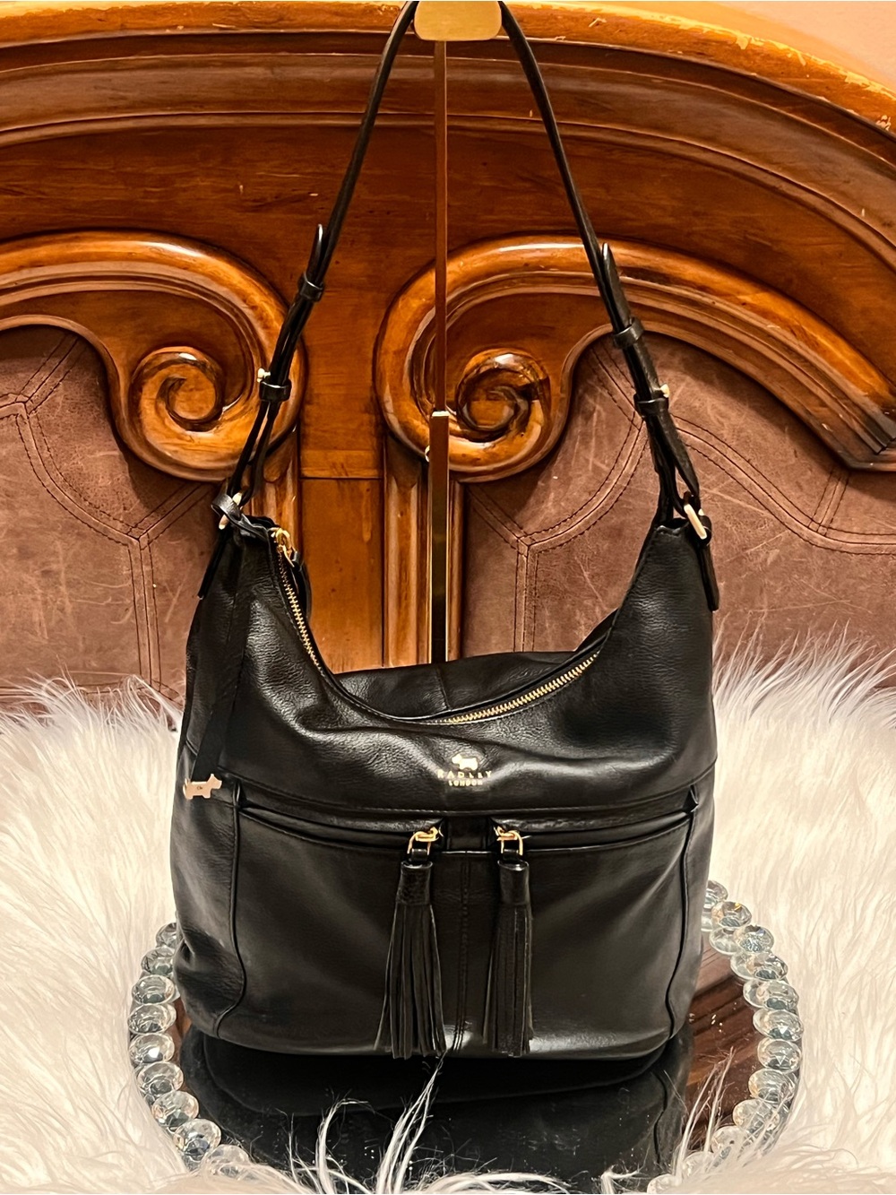 RADLEY LONDON Black Leather Shoulder Hobo with Tassel Zips